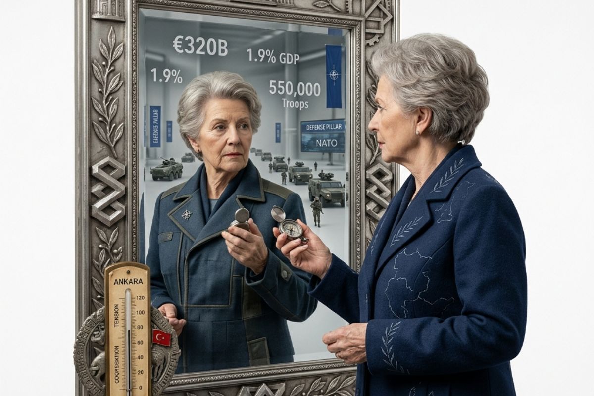 Una mujer que representa a Europa se mira en un espejo que refleja datos militares de la OTAN. En primer plano vemos un termómetro antiguo con la inscripción Ankara.