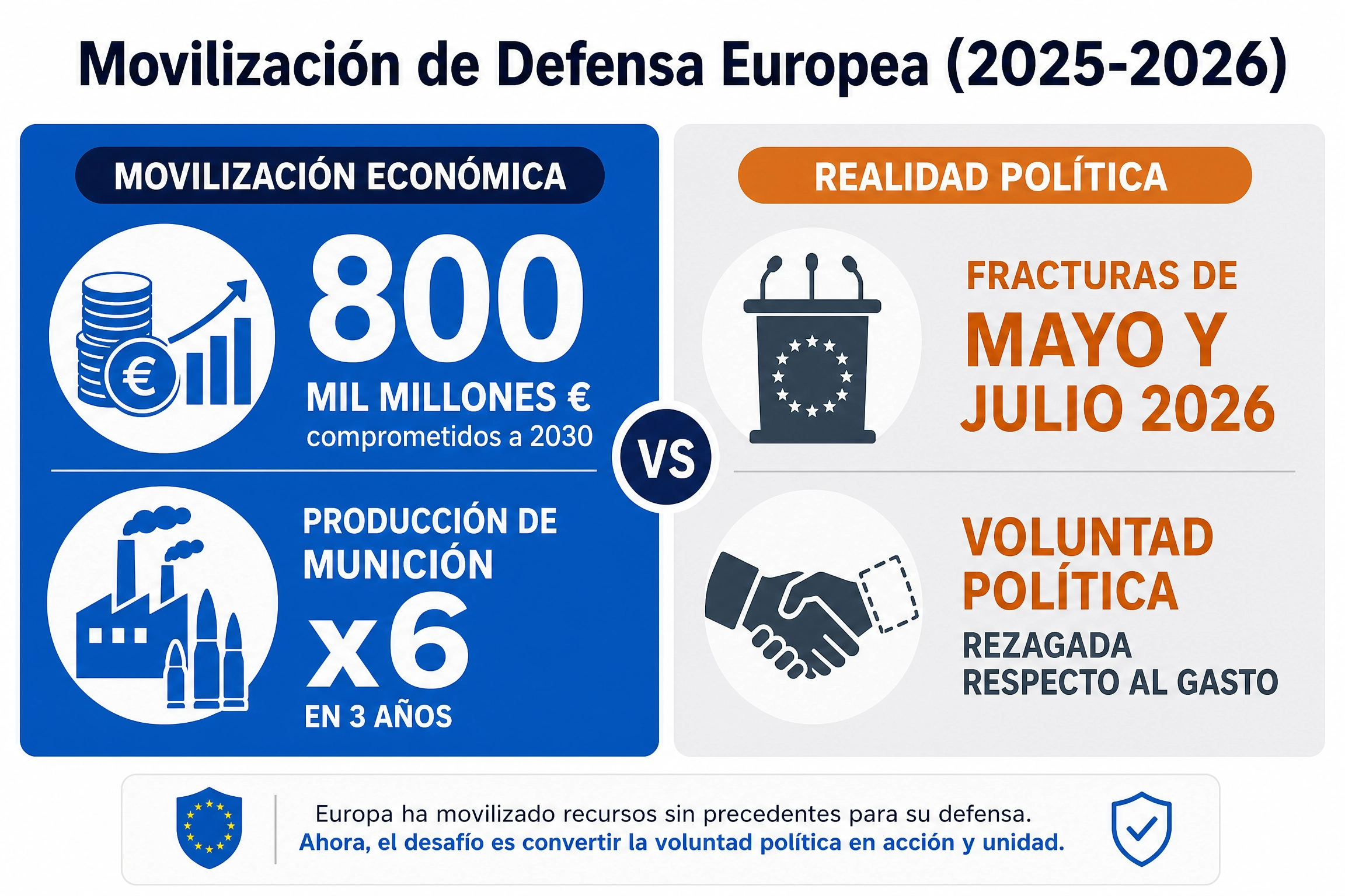 Infografía defensa UE 2025-26: 800 mil M€ y producción x6 de munición frente a fracturas políticas de mayo/julio y voluntad rezagada respecto al ritmo del gasto.