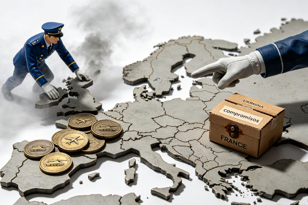 Mapa de Europa fragmentado sobre fondo blanco. Monedas doradas con símbolos militares representan mayor gasto en defensa. Una figura uniformada intenta ensamblar piezas rotas, simbolizando falta de cohesión política. 
