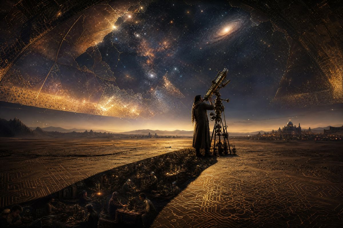 Figura solitaria en desierto con telescopio artesanal bajo cúpula rota, cielo estrellado, patrones geométricos y sombras de científicos trabajando. Estilo cósmico.