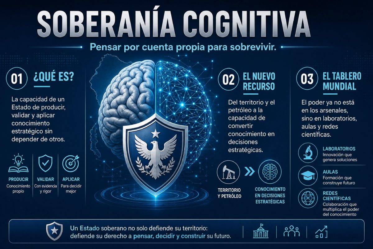 Infografía en tonos azules que explica el concepto de soberanía cognitiva dentro del tablero mundial.