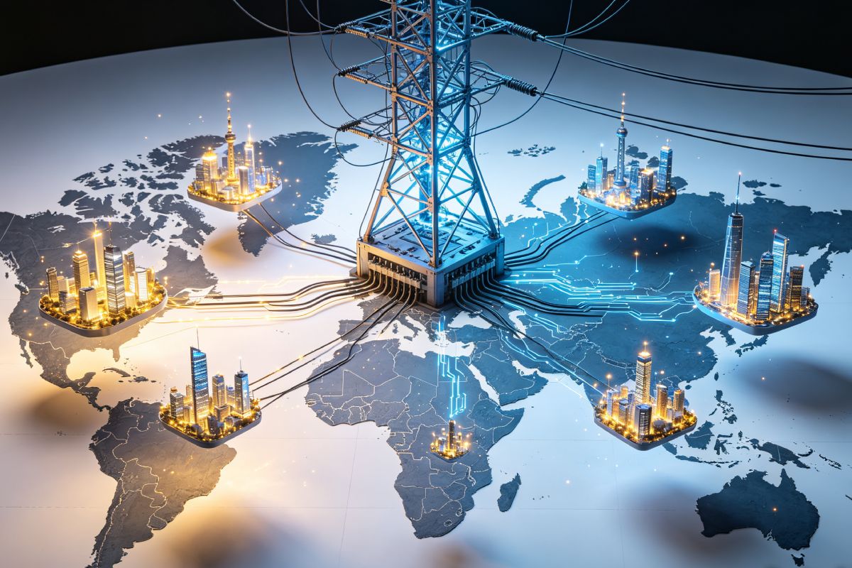Mapa mundial con una torre de conexión central iluminada en azul, de la que parten cables y circuitos luminosos hacia islas flotantes con ciudades modernas. Representa la red global de infraestructura tecnológica que redistribuye el flujo de información, energía y poder entre regiones del planeta, transformando la dinámica de influencia tradicional.