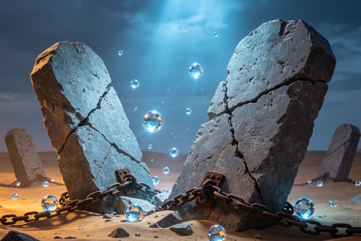 En un desierto bajo un cielo oscuro con un haz de luz celestial, se alzan dos grandes losas de piedra antigua, agrietadas y desgastadas por el tiempo, encadenadas con cadenas de hierro oxidadas que simbolizan sistemas de poder rígidos y obsoletos. 
