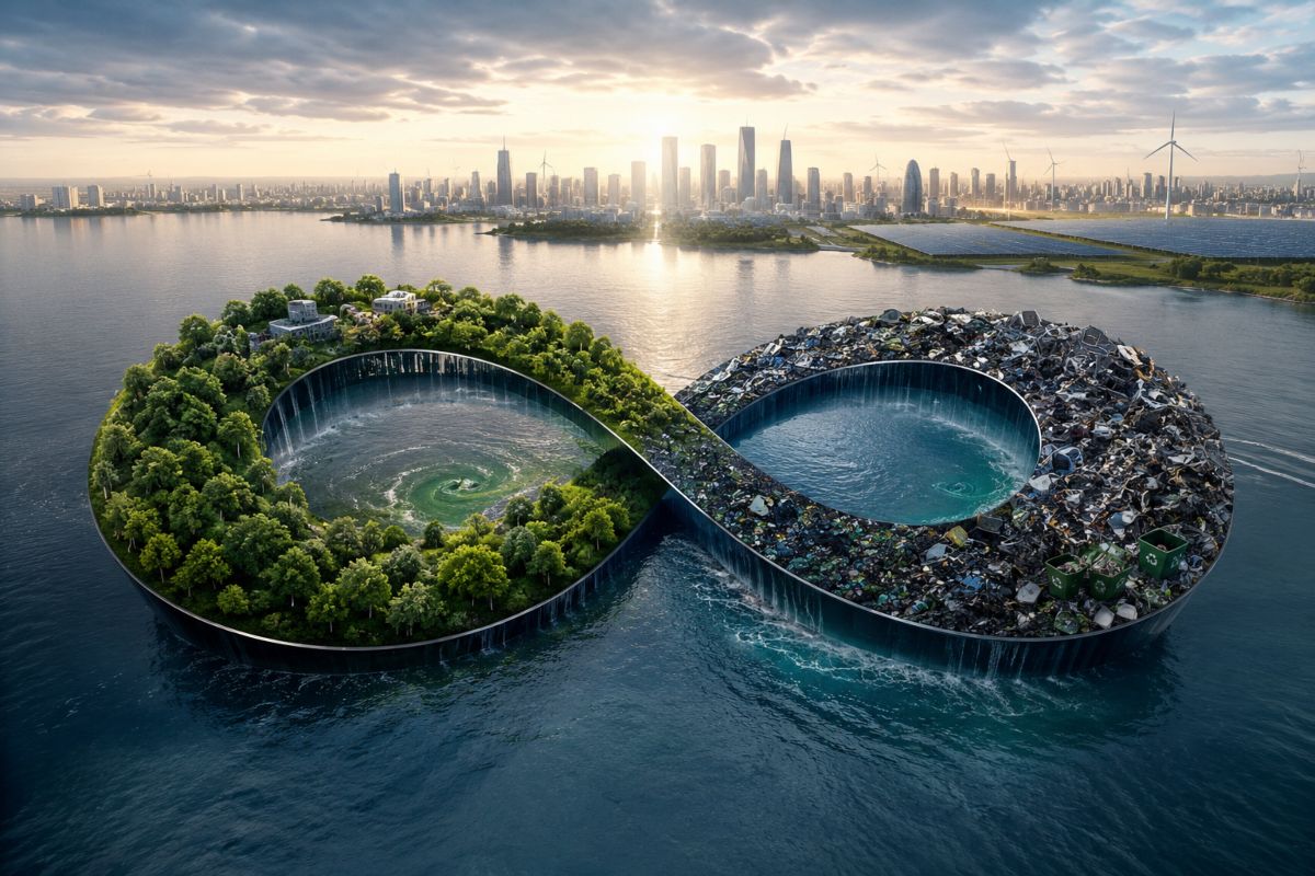 Ciclo infinito que ilustra el flujo entre naturaleza, ciudad y residuos de desecho.