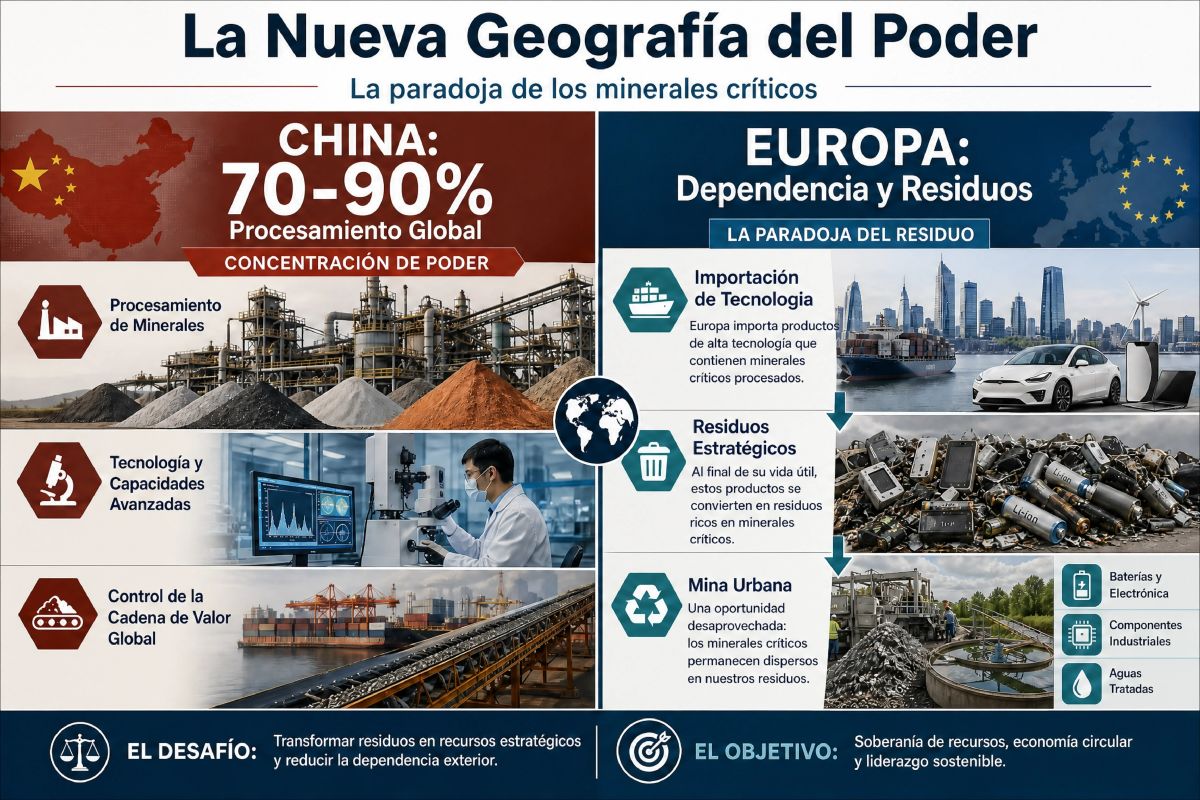 Infografía 3:2 sobre la paradoja del poder. China domina el 90% del proceso de minerales críticos, mientras Europa importa tecnología y desecha recursos estratégicos.