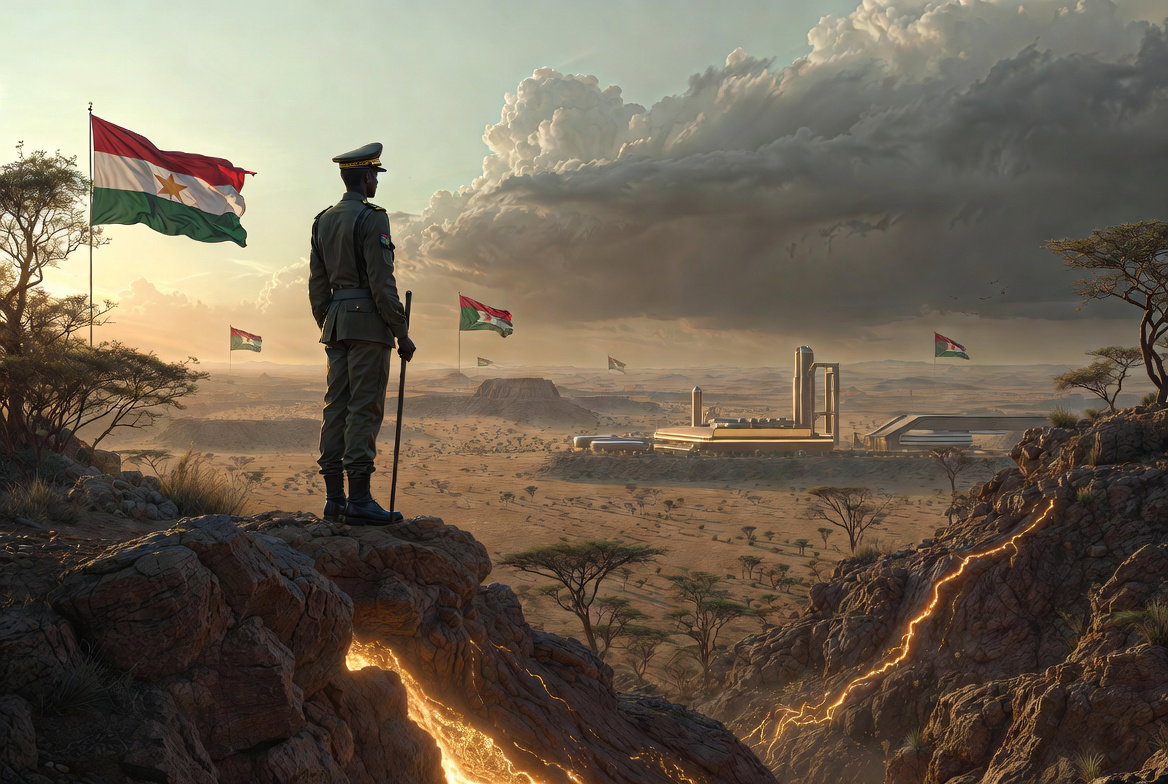 Un joven líder militar africano contempla con determinación el Sahel al atardecer. Oro fluye de la tierra hacia una moderna refinería estatal, simbolizando soberanía de recursos y un nuevo amanecer geopolítico en África.