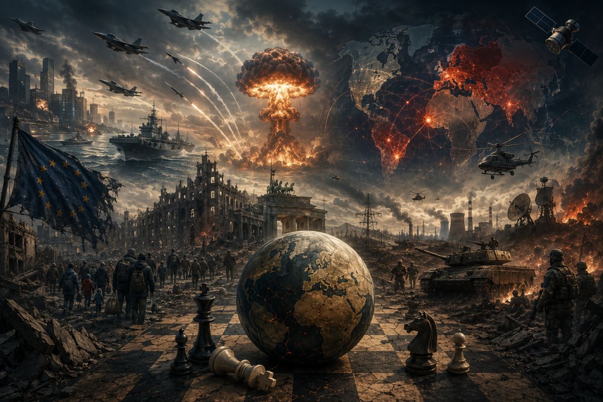 Escena apocalíptica de conflicto global: en primer plano, tablero de ajedrez agrietado con piezas y un globo terráqueo. Al fondo, la Puerta de Brandeburgo en ruinas, bandera de la UE desgastada, explosión nuclear, aviones, buques de guerra, tanques, soldados, civiles huyendo.