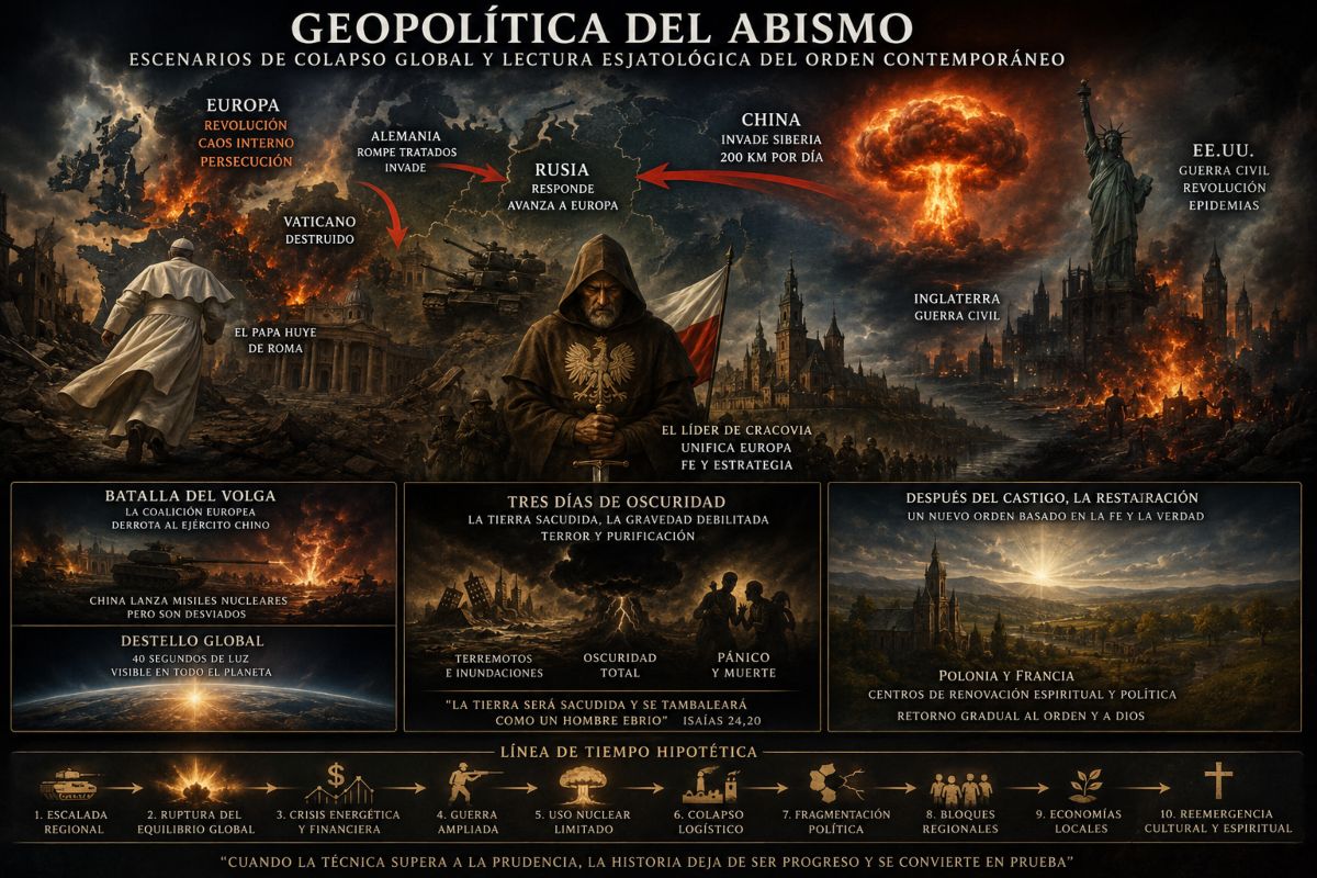 Infografía titulada “Geopolítica del Abismo”: escenarios hipotéticos de colapso global, conflicto entre potencias, crisis en Europa, EE.UU. y Asia, eventos apocalípticos, línea de tiempo y una posible restauración, uniendo análisis geopolítico con símbolos y lecturas esjatológicas.