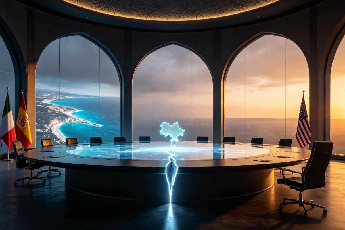 Sala de conferencias futurista en Ankara con arcos otomanos y ventanales que enmarcan un atardecer brumoso sobre el Mediterráneo. Gran mesa circular dividida por una grieta luminosa: a la izquierda, banderas de UE, Italia y España; a la derecha, la de EE.UU. En el centro, un frágil holograma parpadeante del mapa de Ucrania.