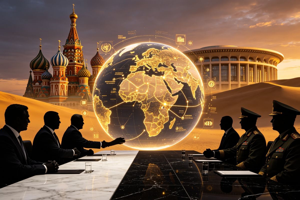 Cumbre geopolítica: mesa de mármol y obsidiana en primer plano, líderes y militares en silueta estrechando manos. Globo holográfico dorado conecta África y Rusia con líneas de comercio y finanzas. Al fondo, fusión de la Catedral de San Basilio y sede de la Unión Africana, bajo un crepúsculo con tonos dorados del desierto. 