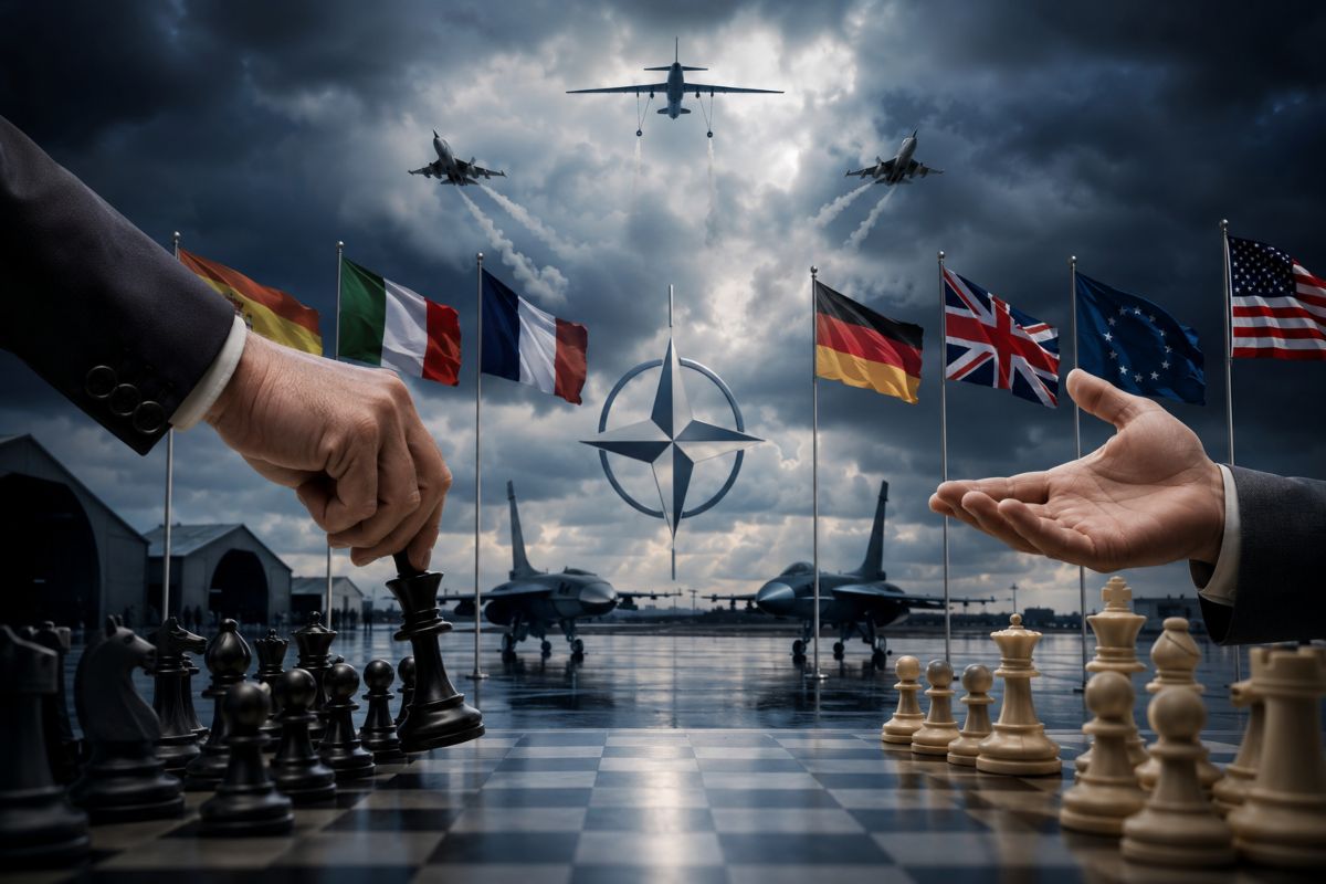 Tablero de ajedrez frente a aviones y banderas aliadas bajo un cielo tormentoso simboliza la presión geopolítica y la negociación estratégica en la OTAN.
