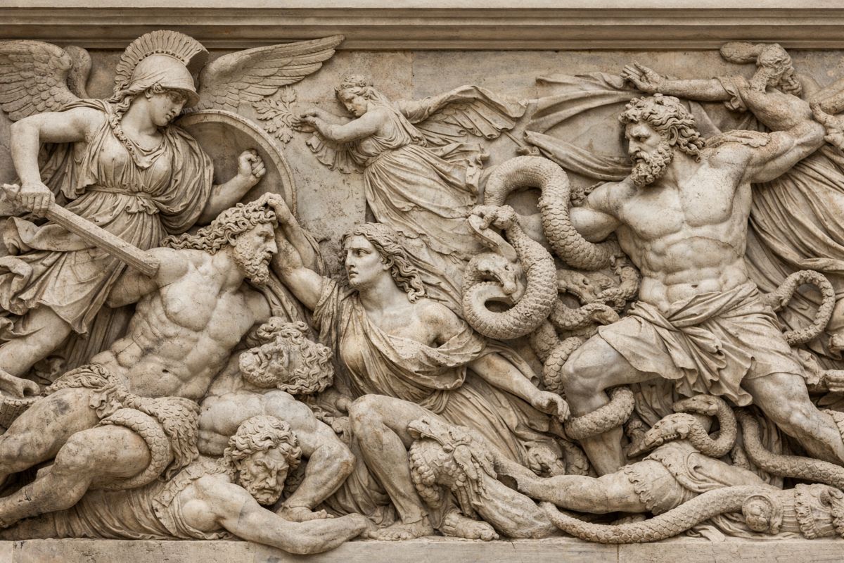 Relieves del Altar de Pérgamo muestran la Gigantomaquia entre dioses olímpicos y gigantes, con un dramatismo que proyecta la tensión entre poder y resistencia. 