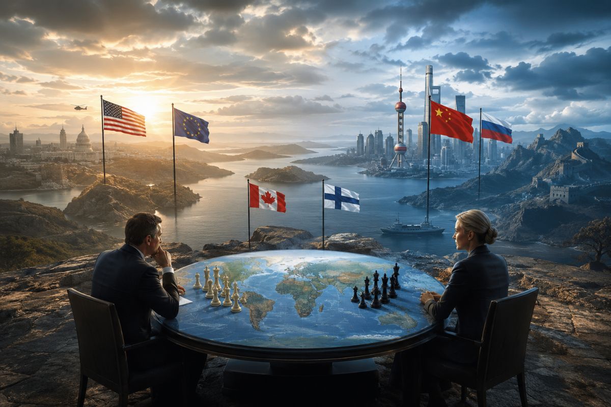 Mesa mundial convertida en tablero de ajedrez simboliza el equilibrio estratégico de Canadá y Finlandia entre aliados democráticos y potencias rivales en un mundo multipolar.