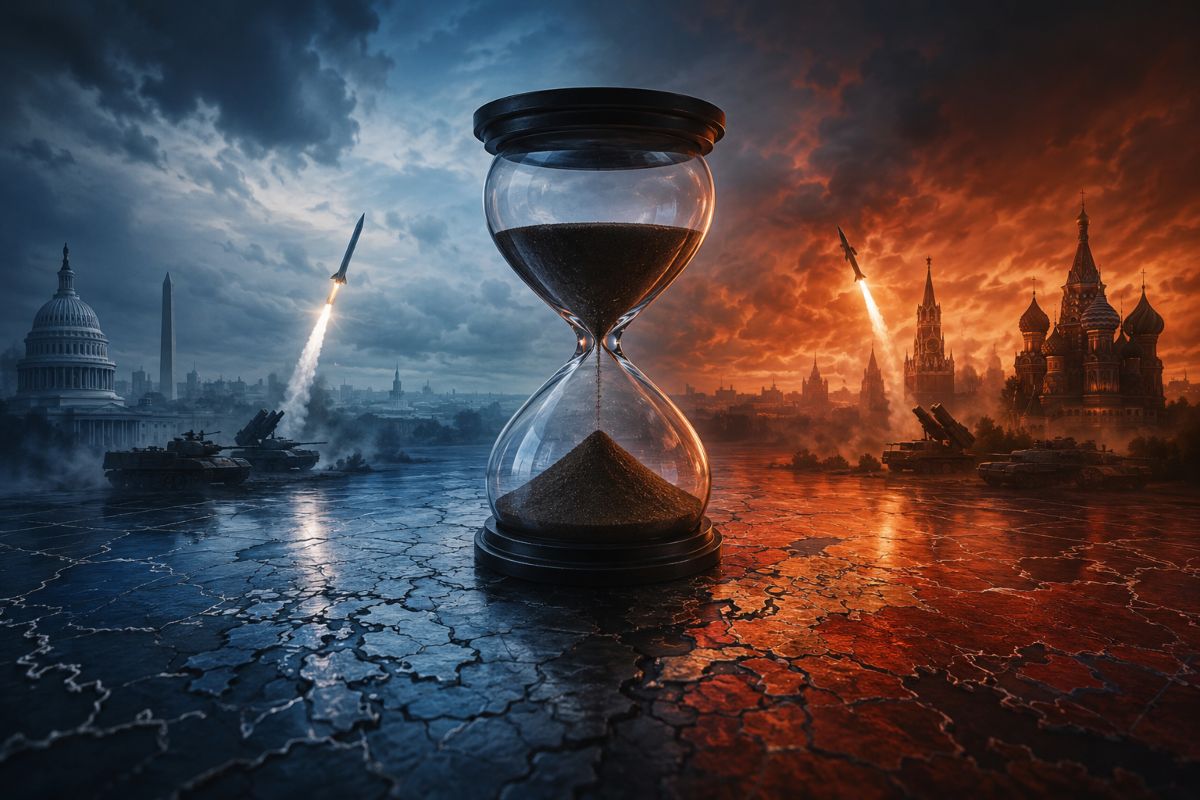 Reloj de arena domina un paisaje dividido entre Occidente y Rusia mientras misiles ascienden; metáfora hiperrealista del tiempo crítico y la fragilidad de la disuasión nuclear.