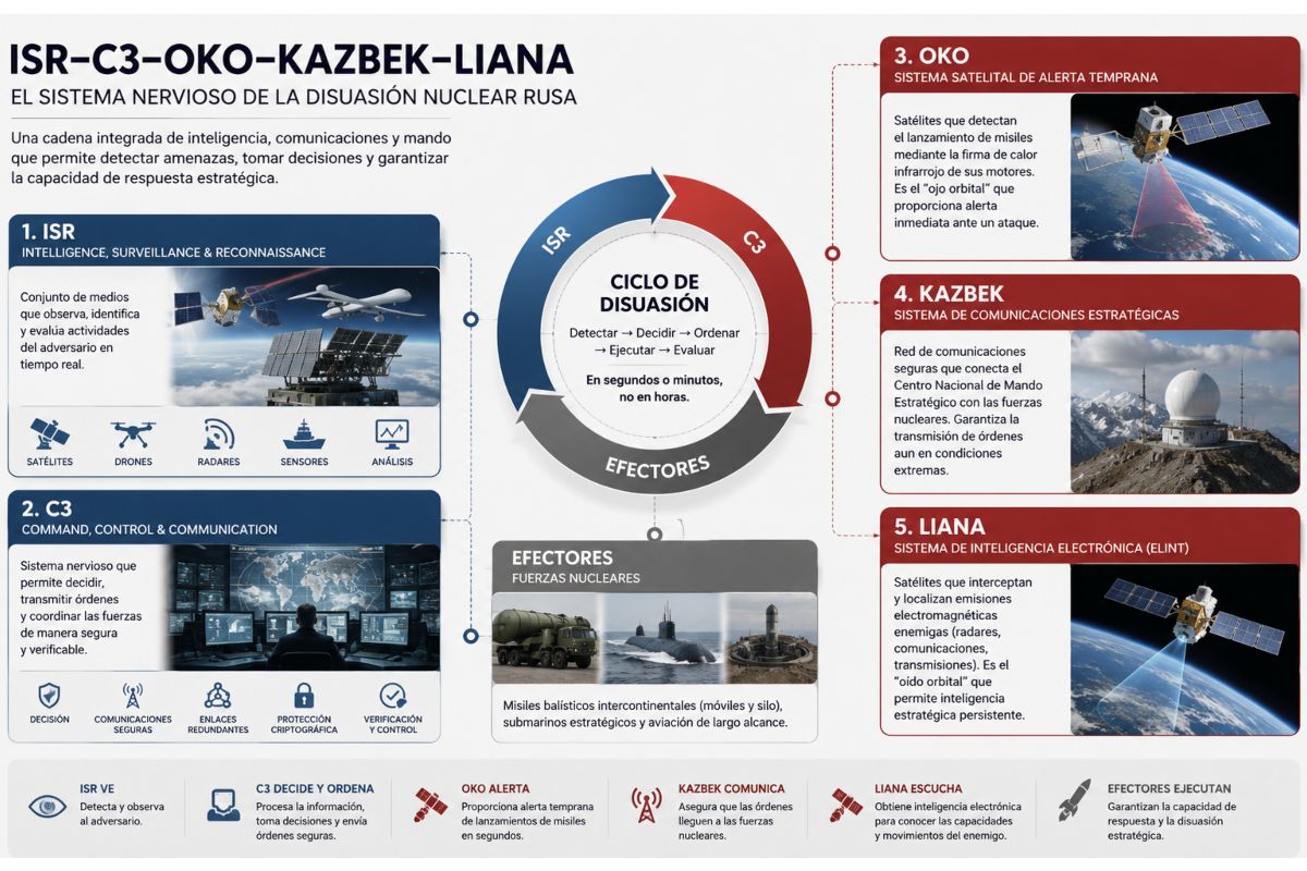 Infografía que explica los conceptos de la disuasión nuclear: ISR, C3, OKO, Kazbek y LIANA.