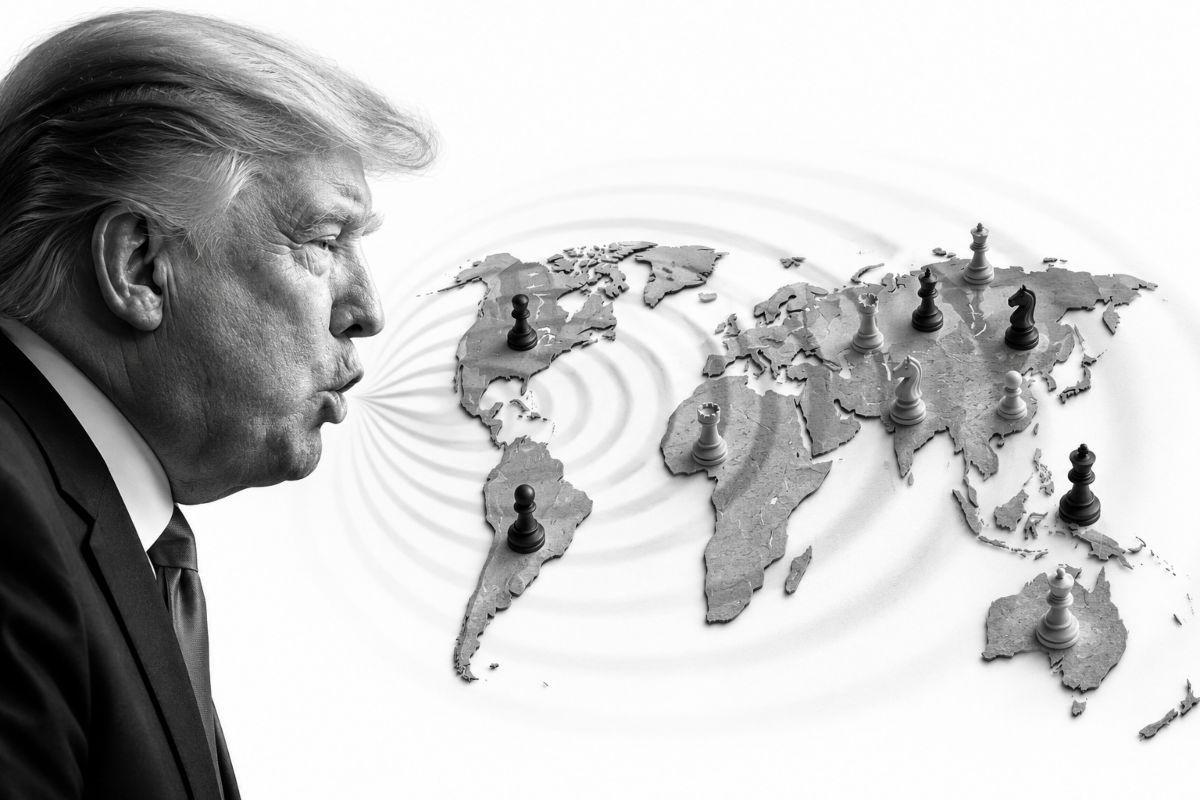 Donald Trump de perfil generando ondas expansivas sobre el tablero geopolítico global.