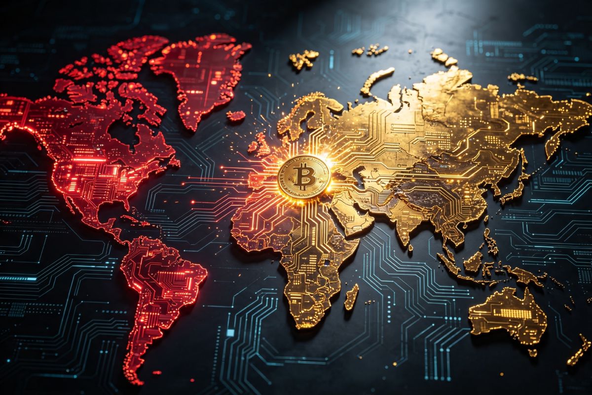 Mapamundi hiperrealista con textura de circuitos: América roja brillante, Eurasia y África doradas, moneda luminosa en el centro, sobre fondo azul tecnológico.
