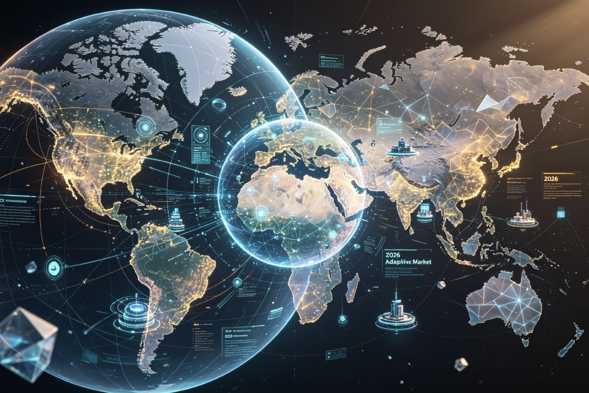 Globo terráqueo digital: redes globales, tecnología avanzada, estructuras geopolíticas en cambio y conexiones dinámicas que reflejan el orden multipolar.