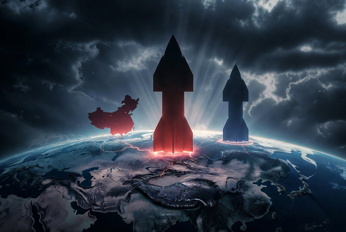 Triada nuclear: misiles con auras rojas y oscuras emergen de un mapa nocturno agrietado, representando a China, EE.UU. y Rusia.