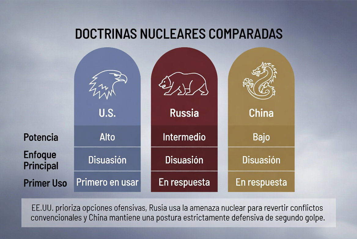 Infografía 3:2 comparativa de doctrinas nucleares: tabla con columnas para EE.UU., Rusia y China. Muestra enfoque principal, política de primer uso y tipo de disuasión. 