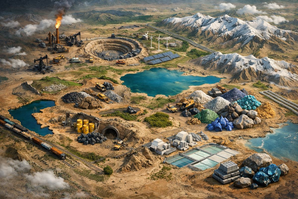 Una zona industrial minera que presentan la extracción de minerales crítico-esenciales y tierras raras en Asia Central.
