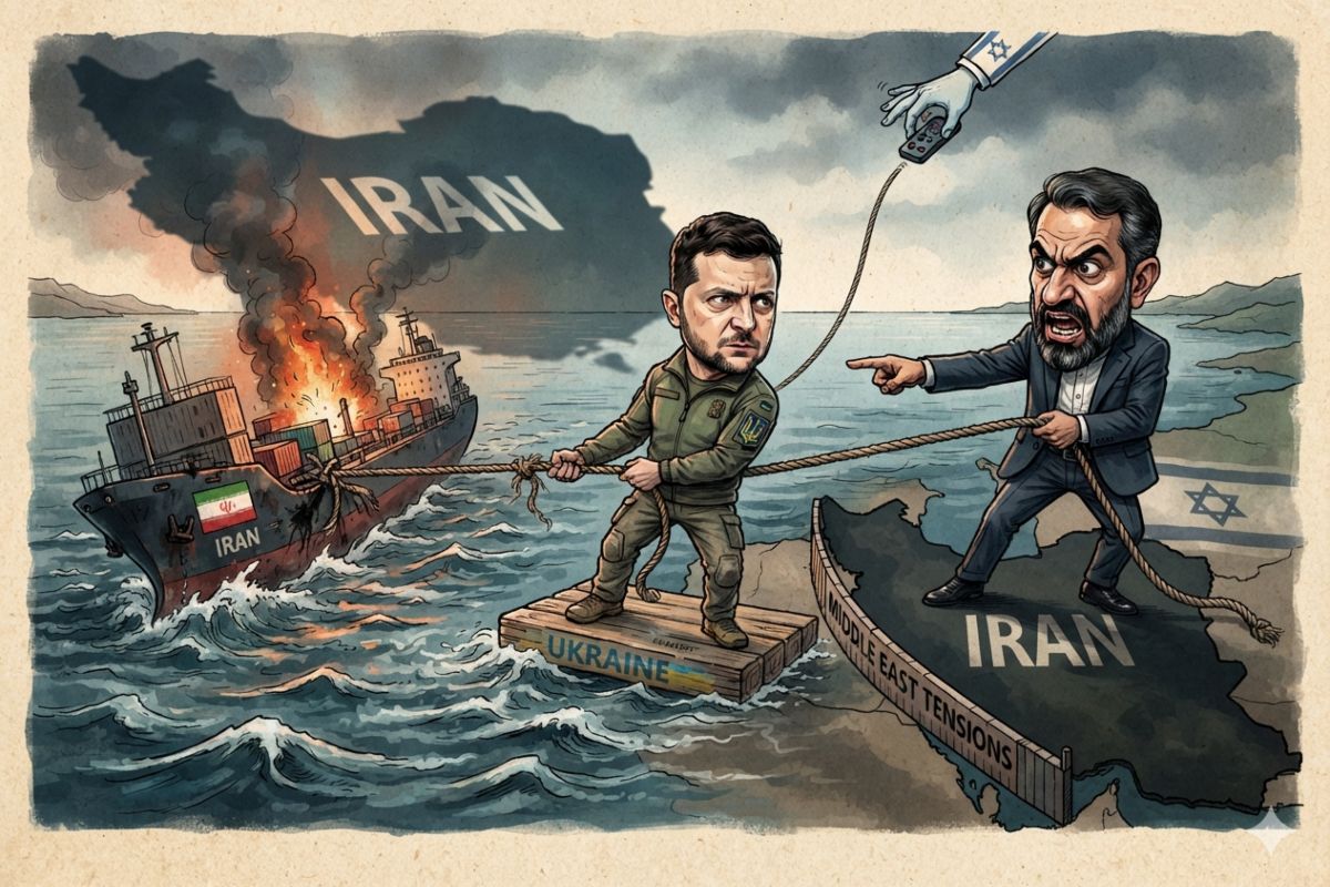 Caricatura política de Zelensky y Araghchi jalando cuerdas junto a un buque iraní en llamas en el Mar Caspio.