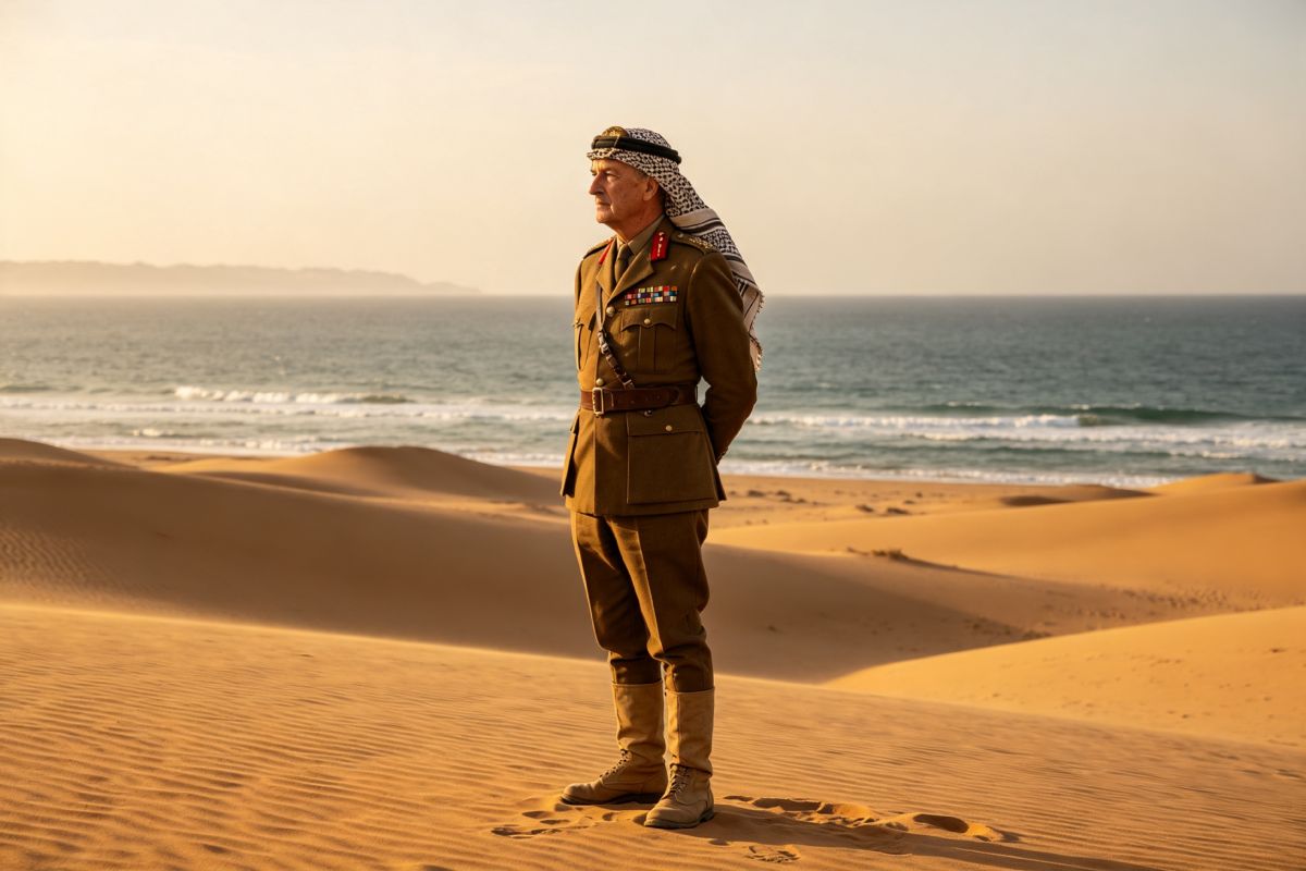 Postal en formato 3.2 que presenta la imagen parecida de Sir John Bagot Glubb en el desierto, reflexionando sobre el destino de los imperios.