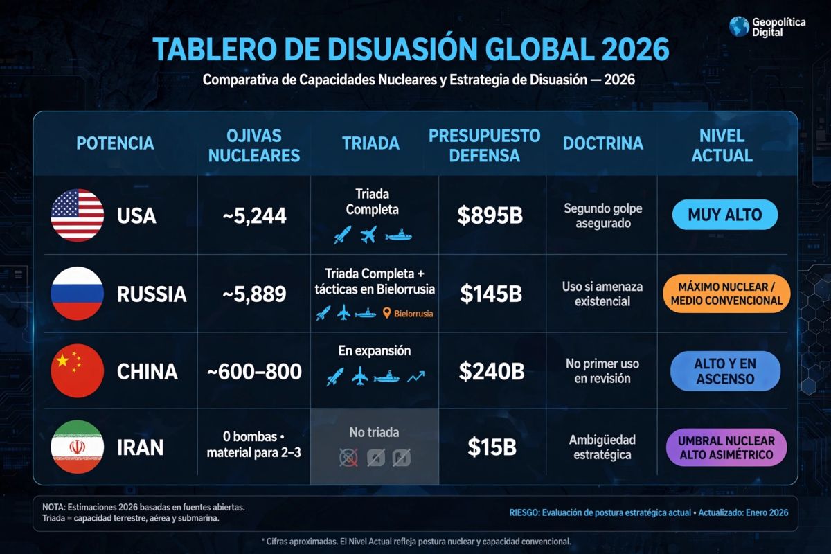 Tabla comparativa de disuasión nuclear y convencional EEUU, Rusia, China e Irán, 2026. 
