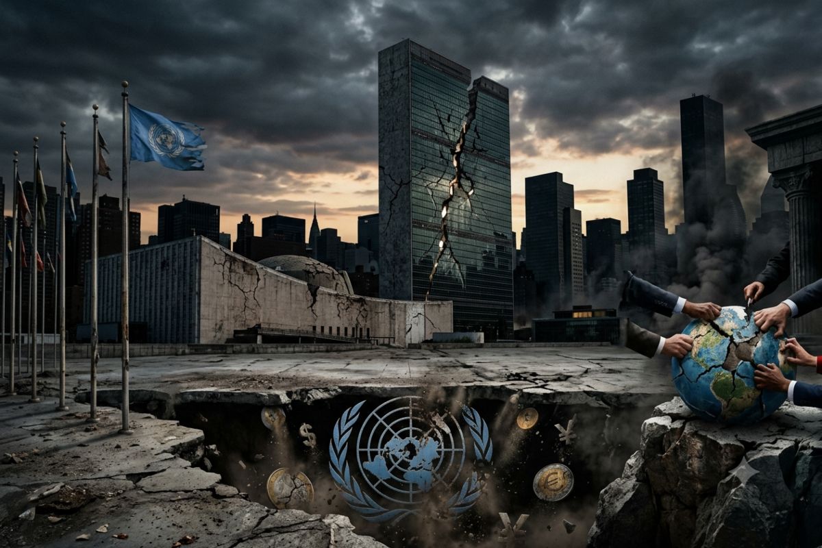 Ilustración hiperrealista y conceptual que simboliza la crisis de credibilidad que atraviesa la ONU al cumplir 80 años de su fundación.