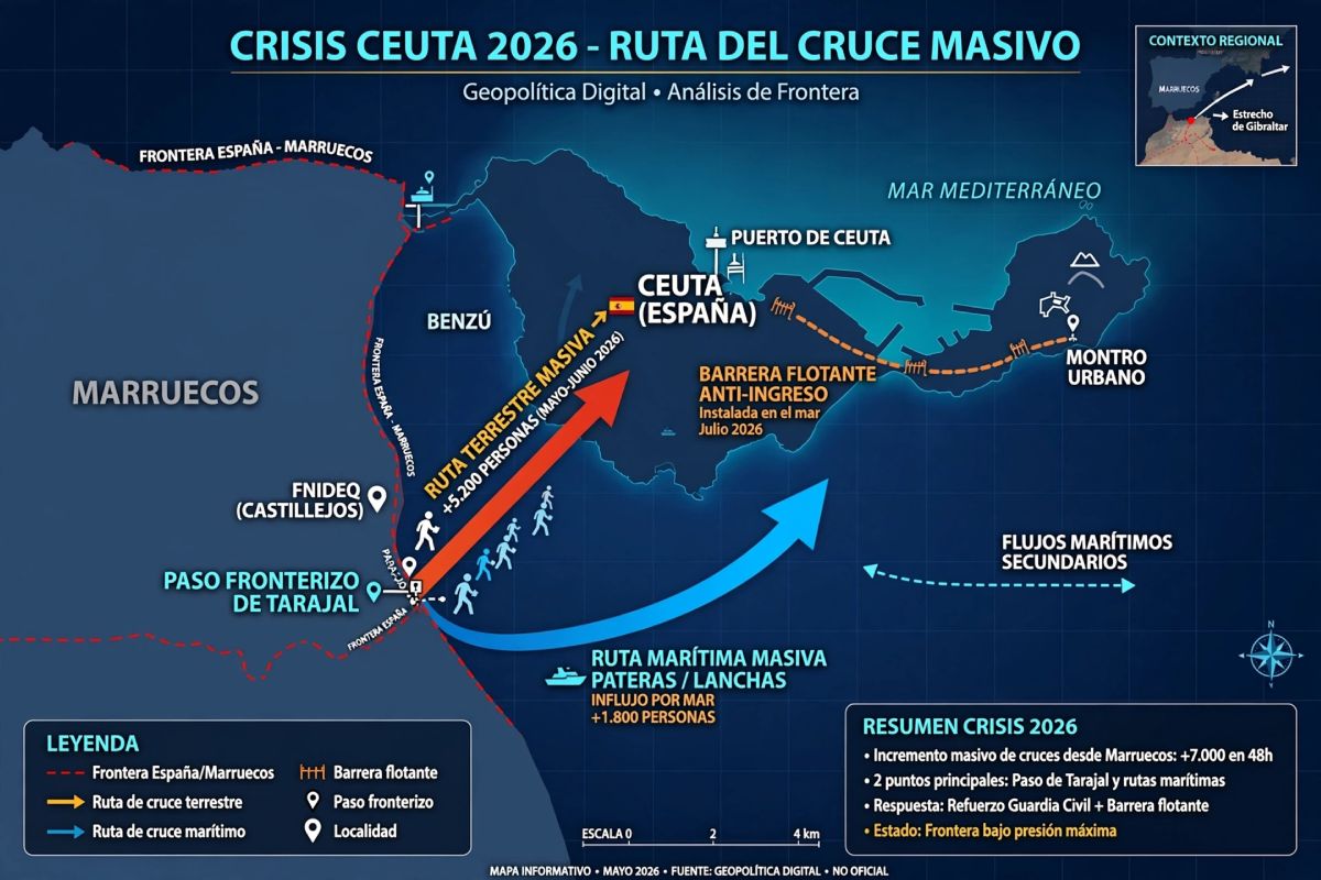 Ilustración de la crisis migratoria en Ceuta, mediante un mapa en tonos azules del Estrecho de Gibraltar y el Norte de África.