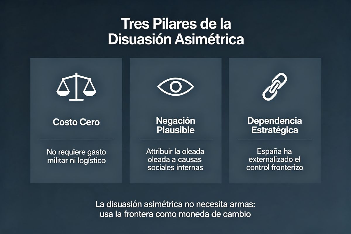 Gráfico de los tres pilares de la disuasión asimétrica (costo cero / negación plausible / dependencia estratégica).