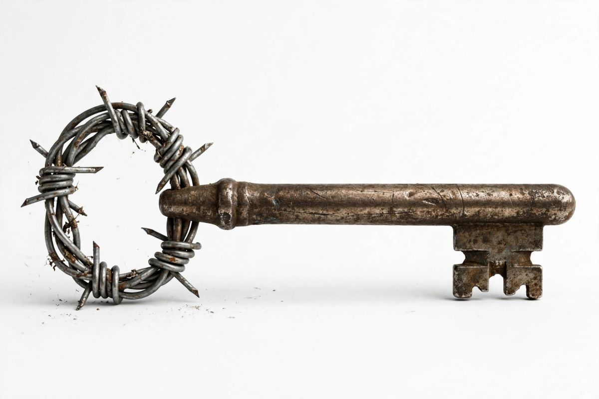 Una llave maestra antigua, oxidada por el tiempo, cuyo aro es puro alambre de púas. Sin textos, fondo blanco limpio 3:2.