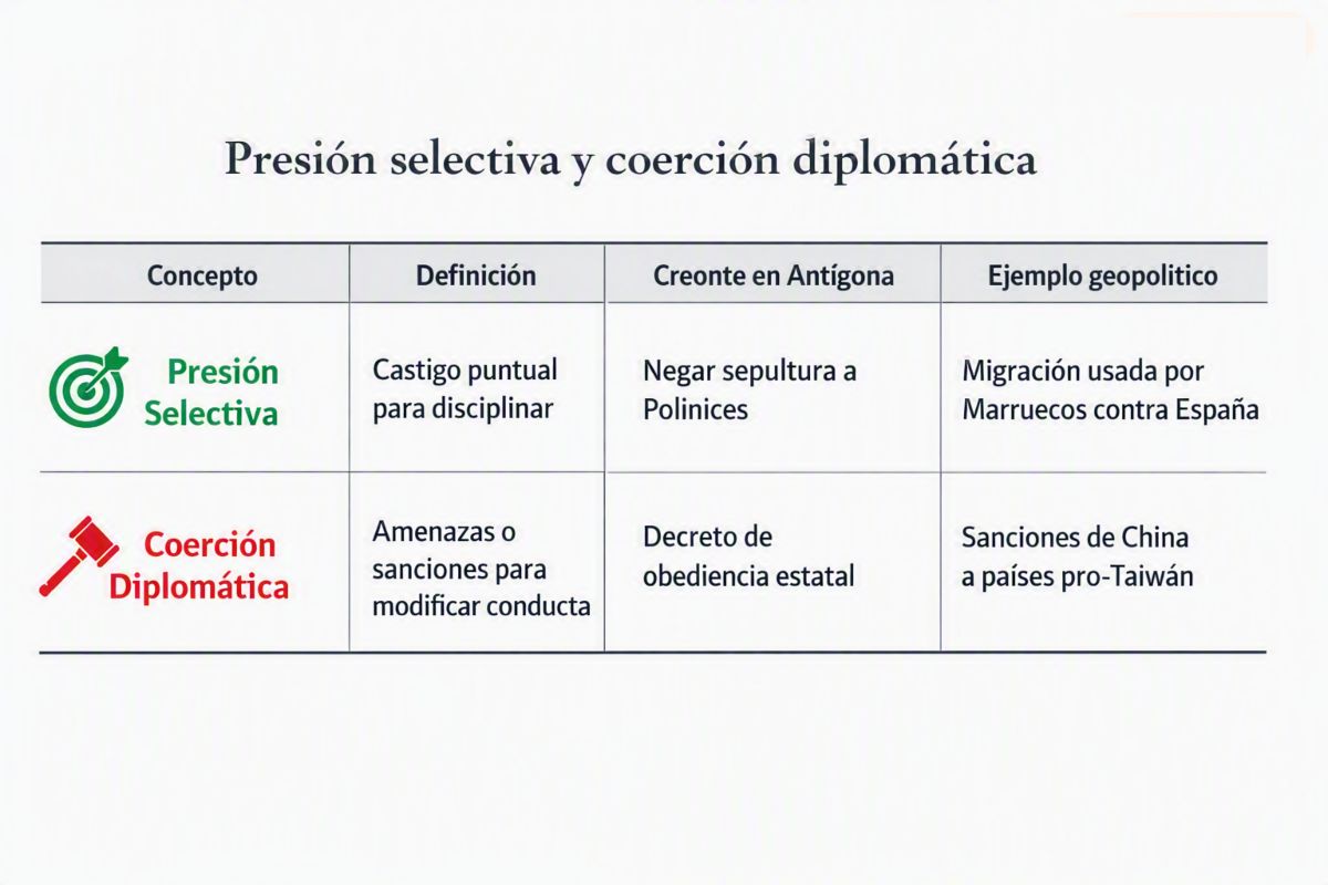 Tabla que presenta la distinción entre presión selectiva y coerción diplomática, con perspectiva de la obra Creonte-Antígona.
