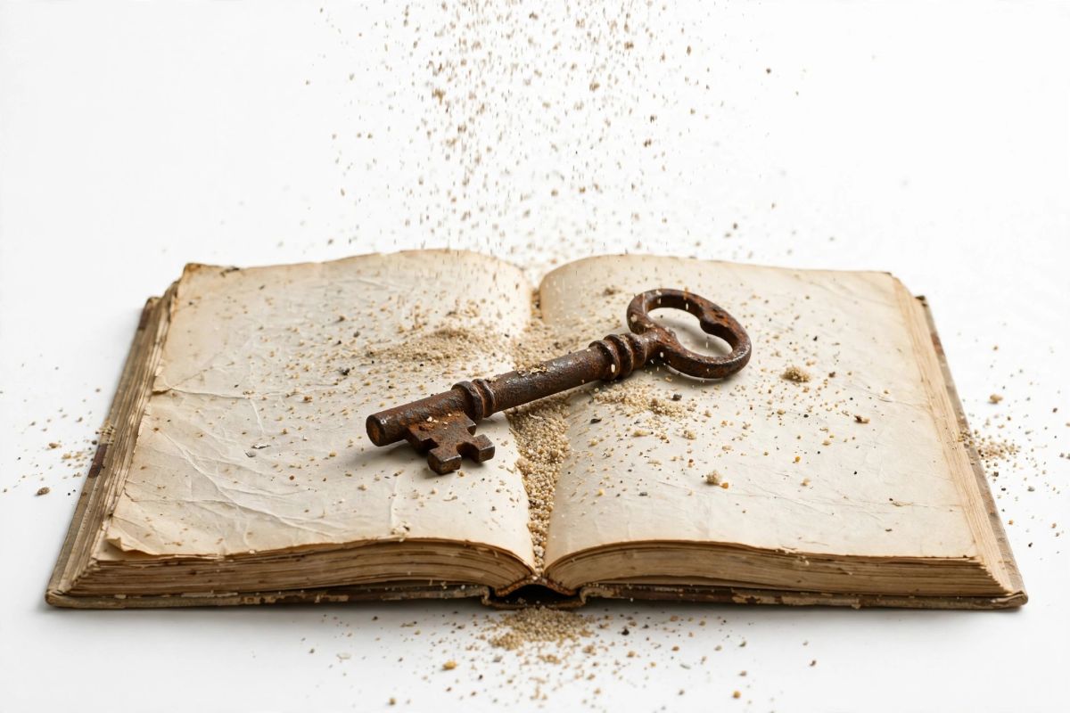 Una llave maestra oxidada sobre un libro viejo bajo una lluvia de arena. Símbolo de análisis literario riguroso. 