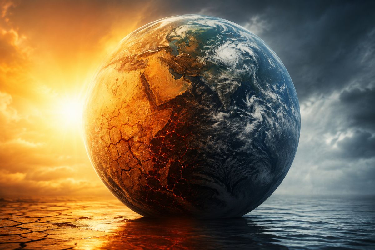 Representación del planeta Tierra, dividido en mitades. Una agrietada por el intenso calor y la otra fría; debido al desequilibrio energético terrestre..