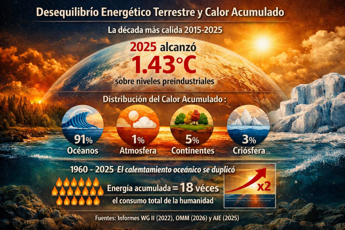 Infografía que presenta la distribución del calor en el planeta Tierra. Energía acumulada por áreas y el aumento en dos décadas.