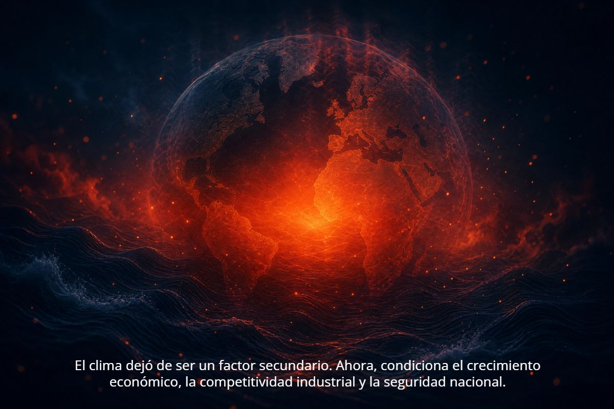 Ilustración cinematográfica del planeta Tierra en el espacio, en colores rojizos por el calor, que sirve de fondo a una frase reflexiva.