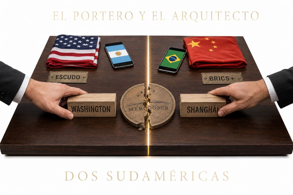 Mercosur partido en dos: banderas de EE.UU. y China enfrentadas, con Argentina y Brasil en lados opuestos, fondo blanco.