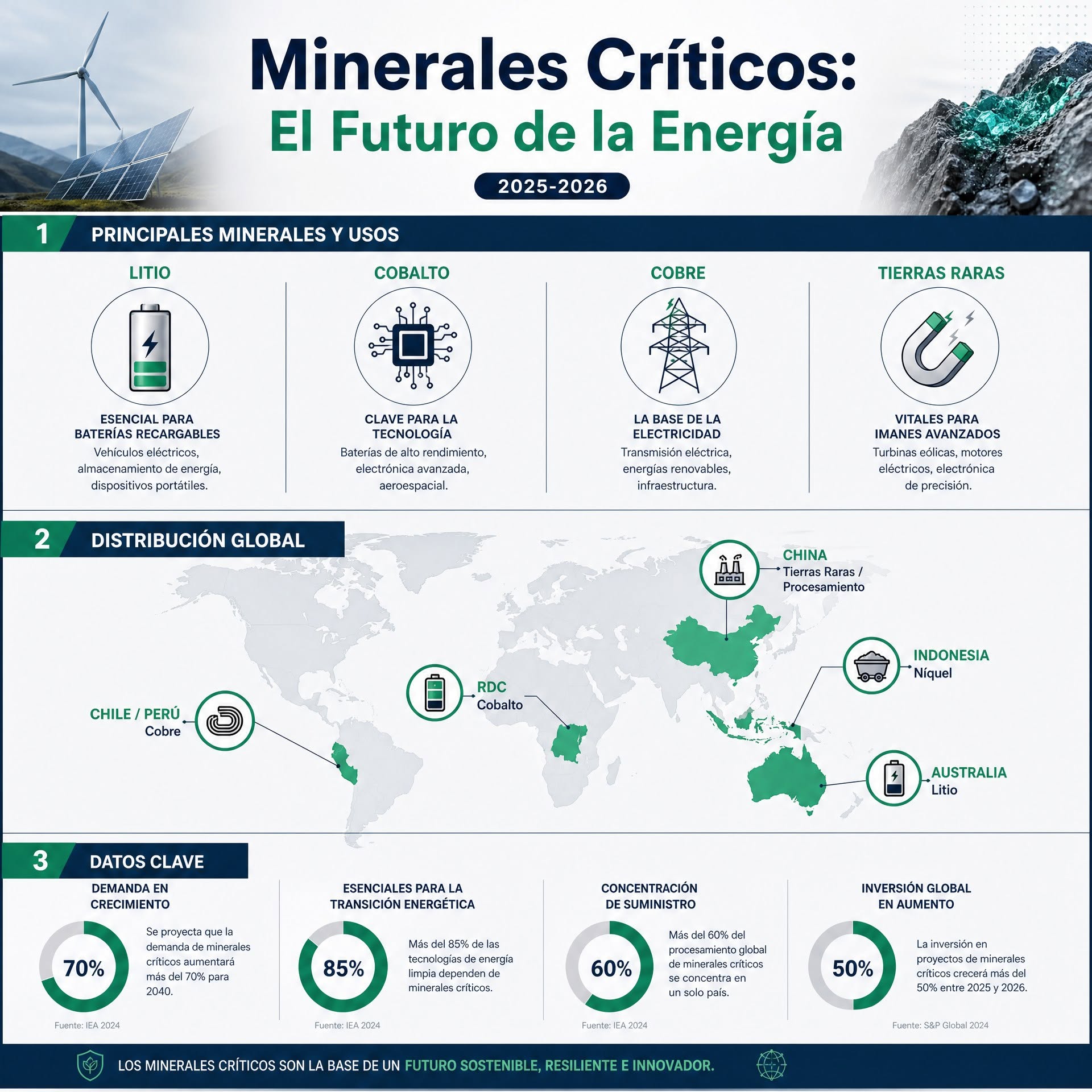 Ilustración en proporción 1:1 sobre distribución global y uso energético de los minerales críticos. 
