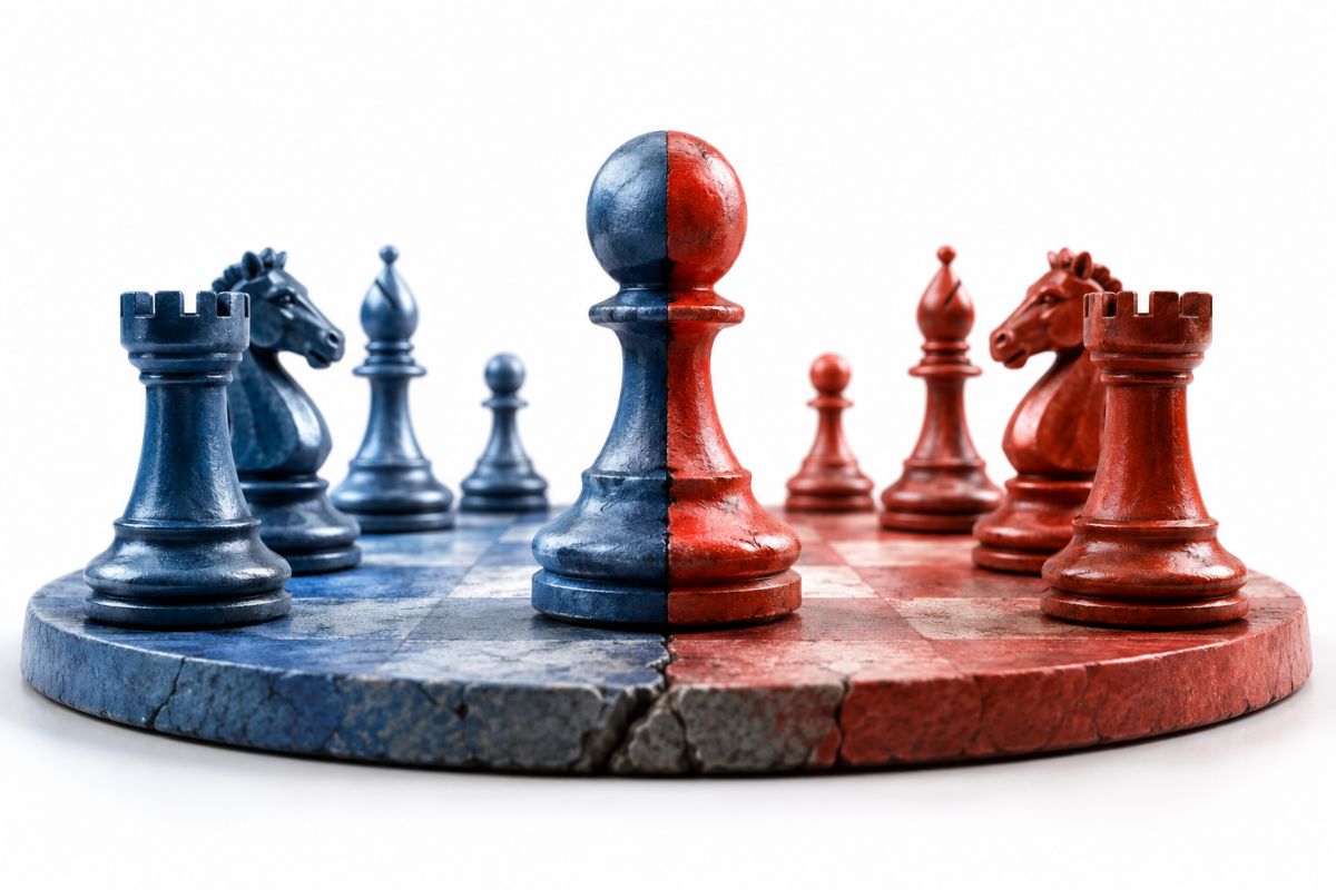 Imagen destacada de un tablero redondo de ajedrez con piezas azules y rojas simbolizando la capacidad estratégica y disuasiva de la OTAN y Rusia. 