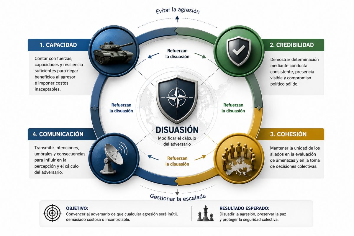 Infografía circular con un centro que represente disuasión, y flechas bidireccionales mostrando que las cuatro dimensiones de capacidad, credibilidad, cohesión y comunicación.