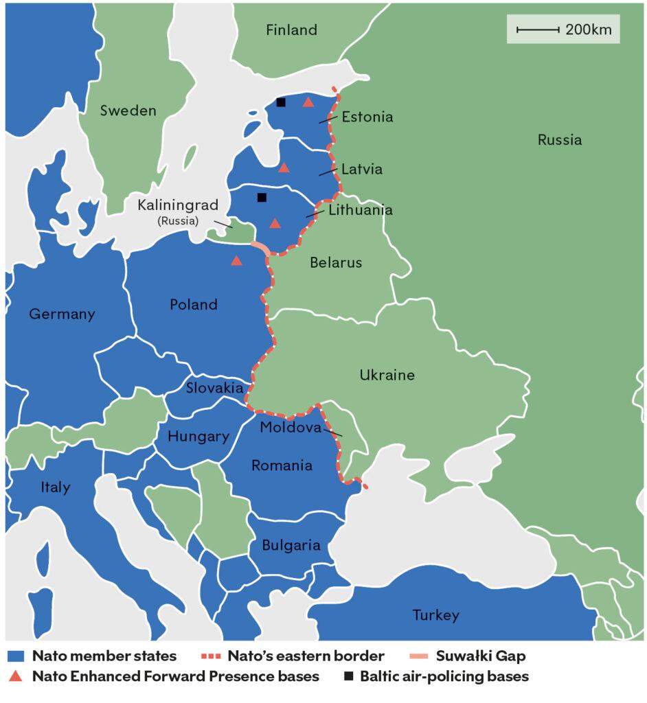 Mapa limpio del flanco oriental —Báltico, Polonia, Rumania y zona del mar Negro— señalando visualmente la proximidad entre Rusia y los miembros orientales de la OTAN.