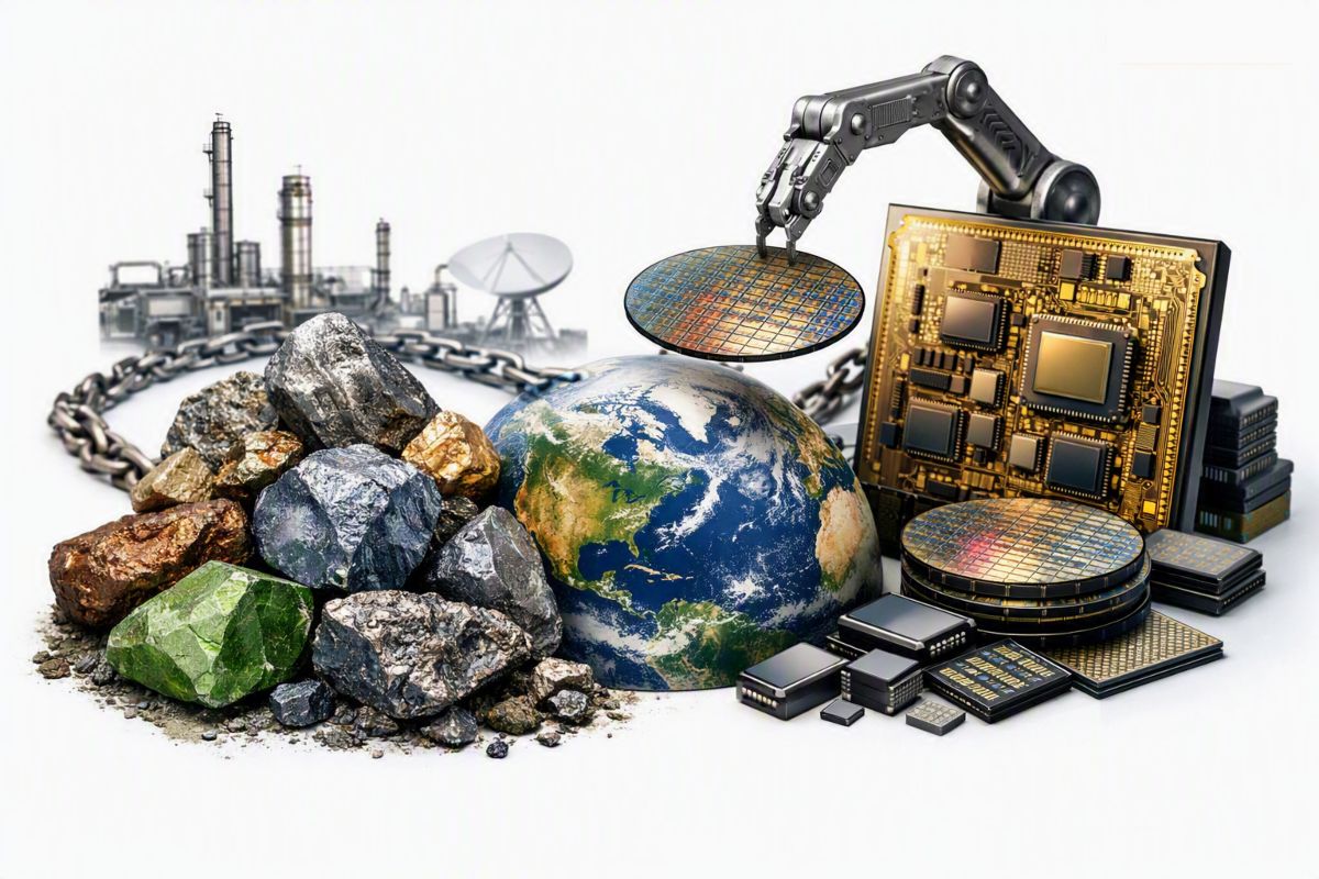 Ilustración conceptual e hiperrealista sobre la cadena productiva mundial de los minerales críticos.