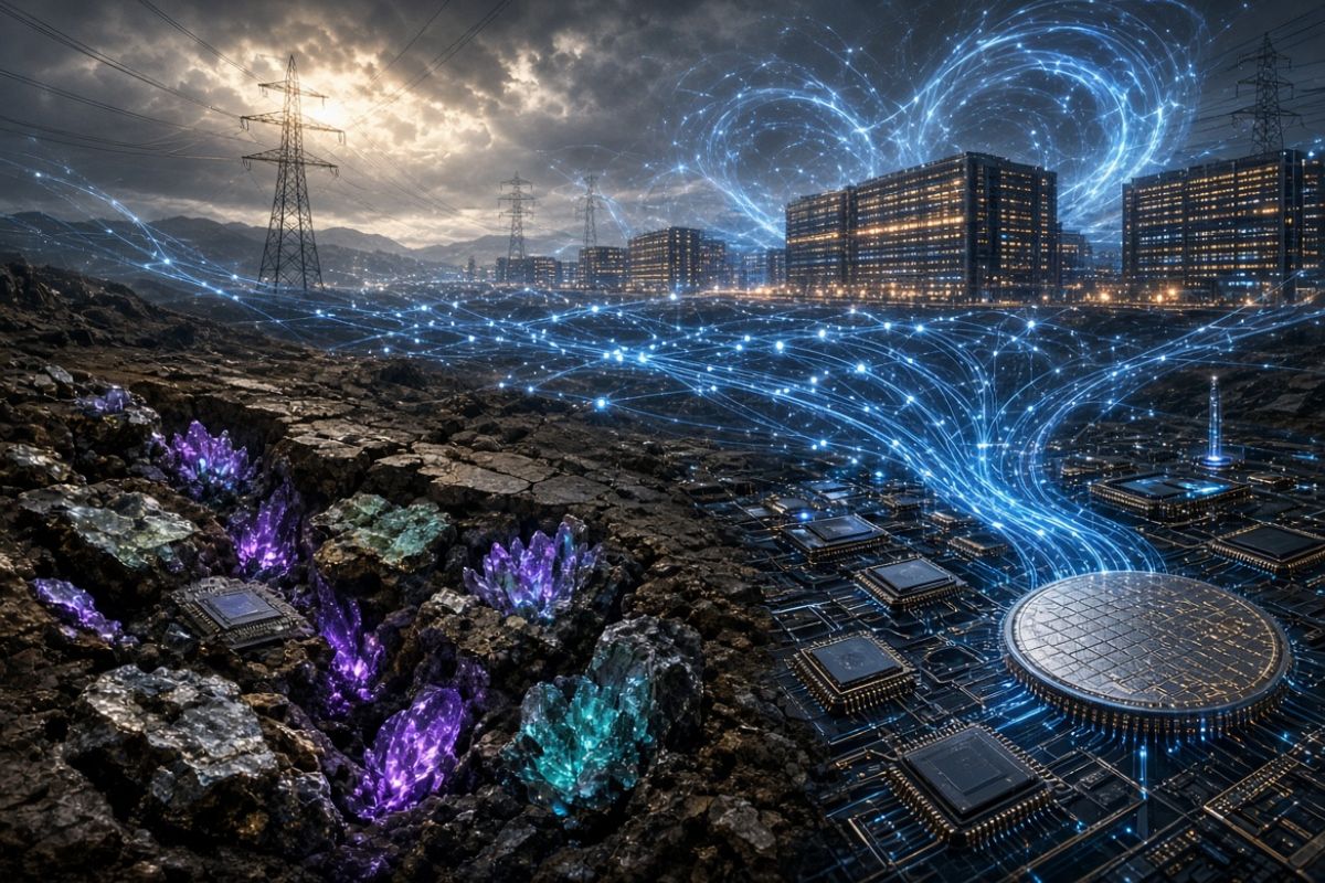 Imagen hiperrealista y conceptual que ilustra la relación IA-energía-minerales críticos para lograr el avance y desarrollo del mundo.