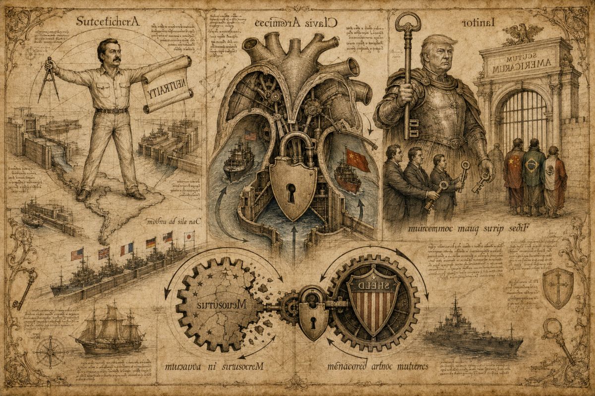 Boceto renacentista: un canal como mecanismo geopolítico, con llaves, engranajes, barcos y potencias en pugna por su control.