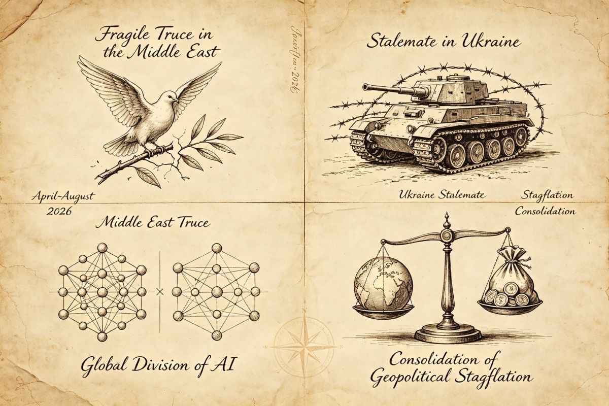 Boceto estilo Da Vinci sobre pergamino: paloma sobre rama rota, tanque alambrado, redes de IA enfrentadas y balanza inclinada mundo-moneda. Simboliza tregua frágil, estancamiento, división tecnológica y estanflación.