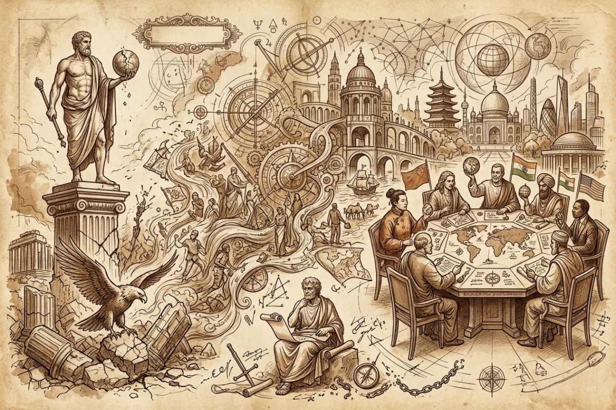 Boceto renacentista y tonos y líneas sepia y formato 3:2 que ilustra el mundo contemporáneo en transformación geopolítica con imágenes minimalista de líderes mundiales en una mesa octagonal.