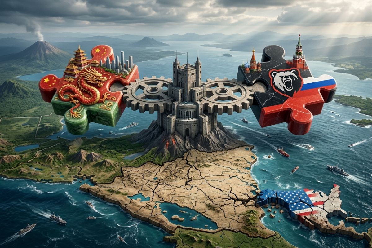 Representación conceptual hiperrealista sobre un mapa centroamericano con engranajes e influencias de China, Rusia y EE. UU.