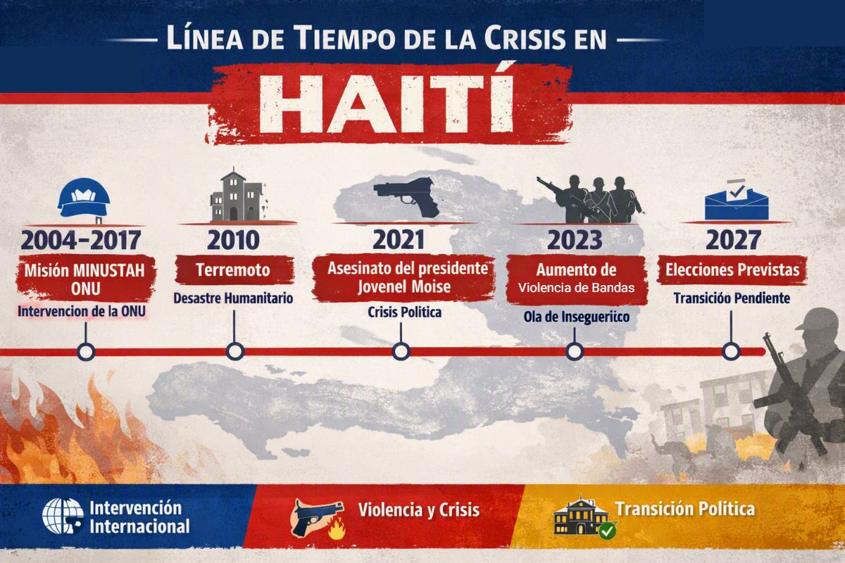 Línea de tiempo que ilustra los hitos de la crisis haitiana (intervenciones, elecciones, violencia de bandas).