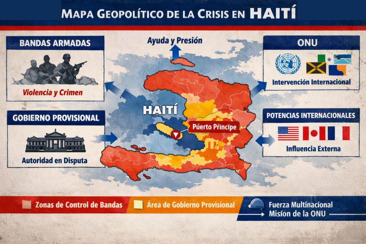 Mapa geopolítico comparativo de Haití. Muestra los actores y zonas de influencia que configuran la disputa por la soberanía haitiana.